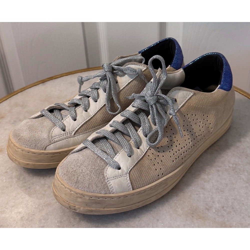 P448 John Low Top Sneakers Tan Corduroy Grey Suede Blue Metallic Size 38 IT 8 US